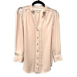 Sz 0 Anthropologie Molinette Soeurs Soft Pink Blouse with Lace + Silver Buttons